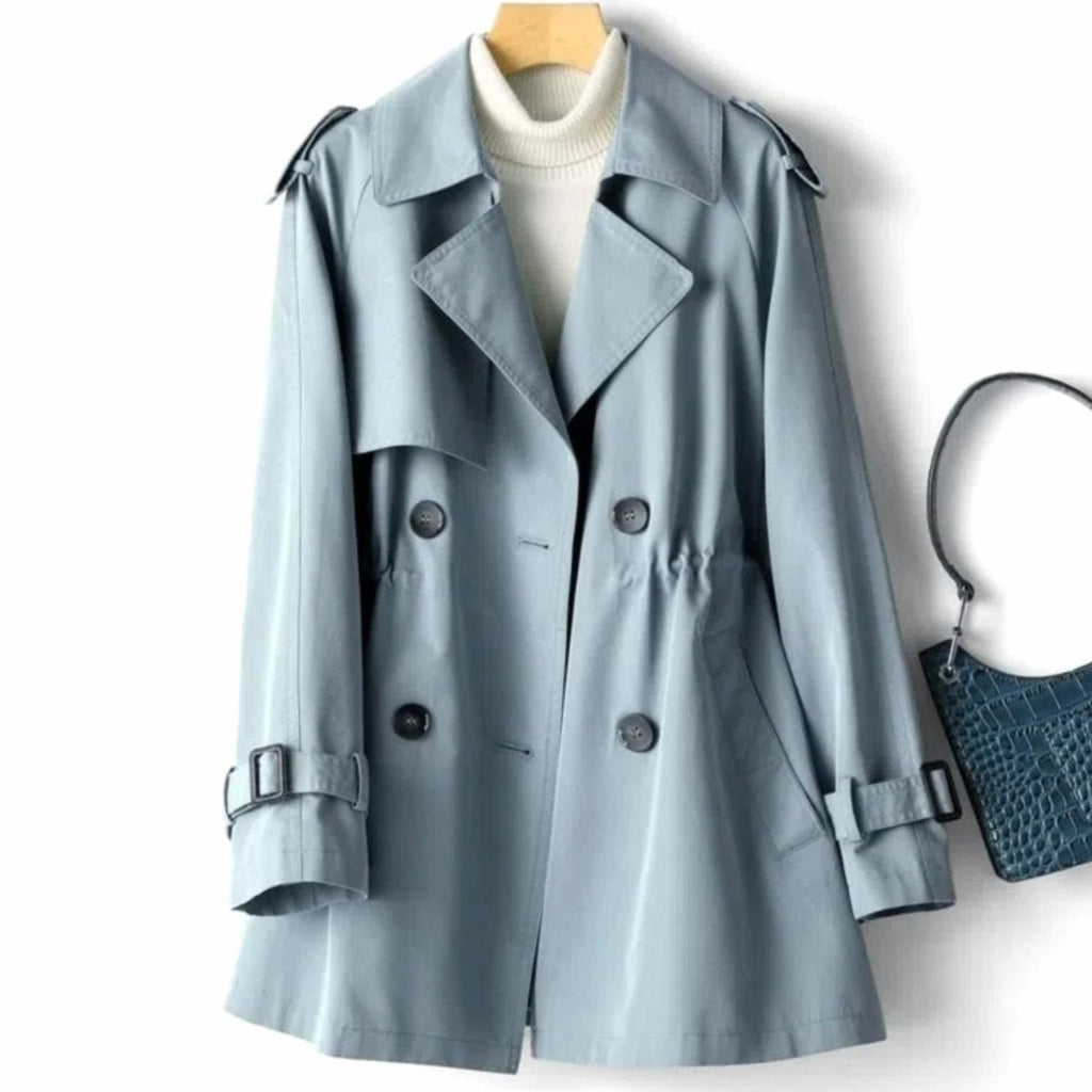 Women's Belted Double-Breasted Trench Coat Lapel Collar - Blue