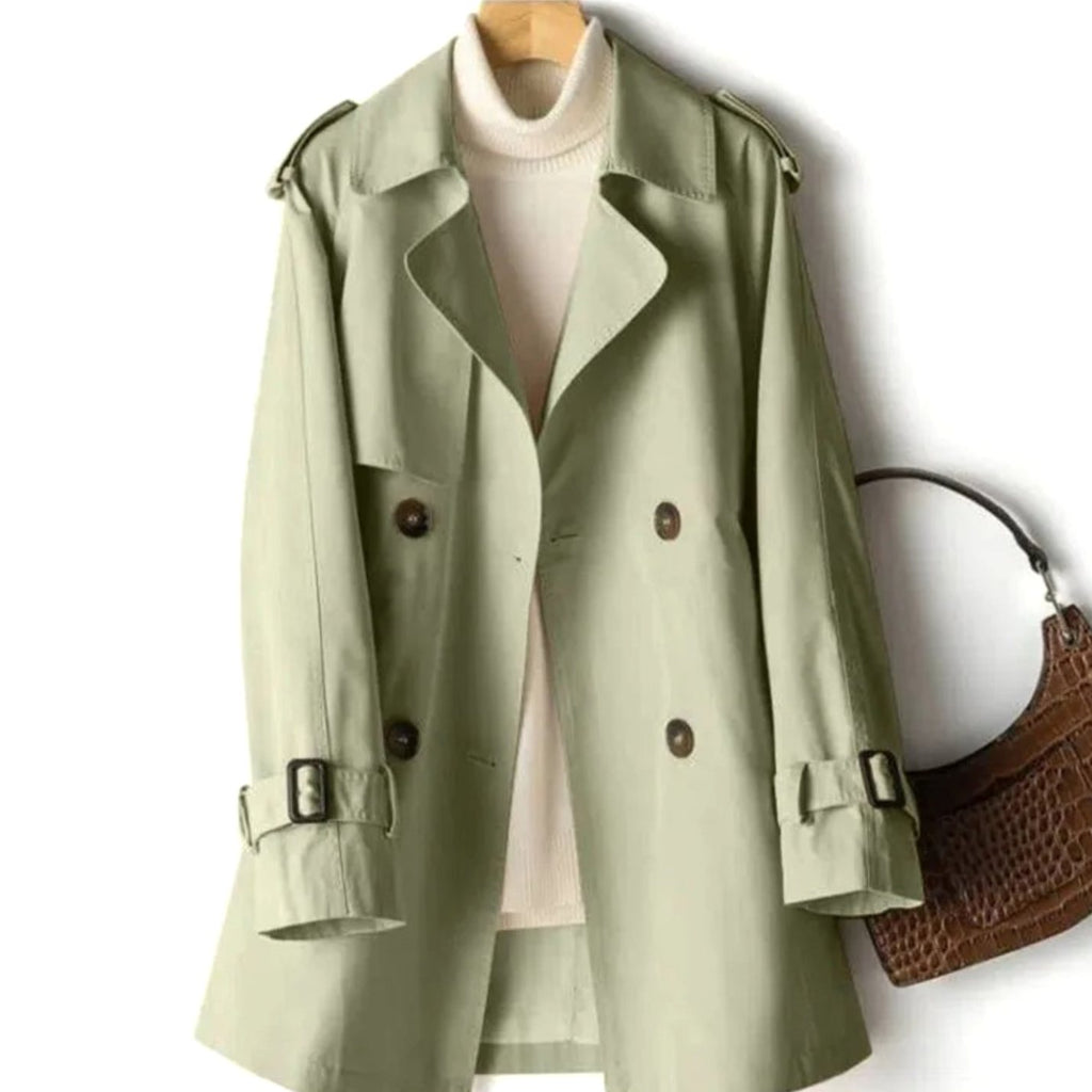 Women's Belted Double-Breasted Trench Coat Lapel Collar - Green
