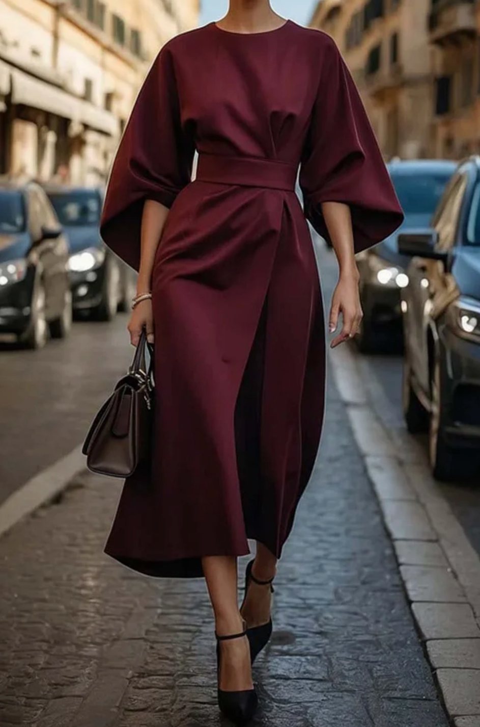 Women's Belted Kimono-Sleeve Midi Elegant Dress - Burgundy