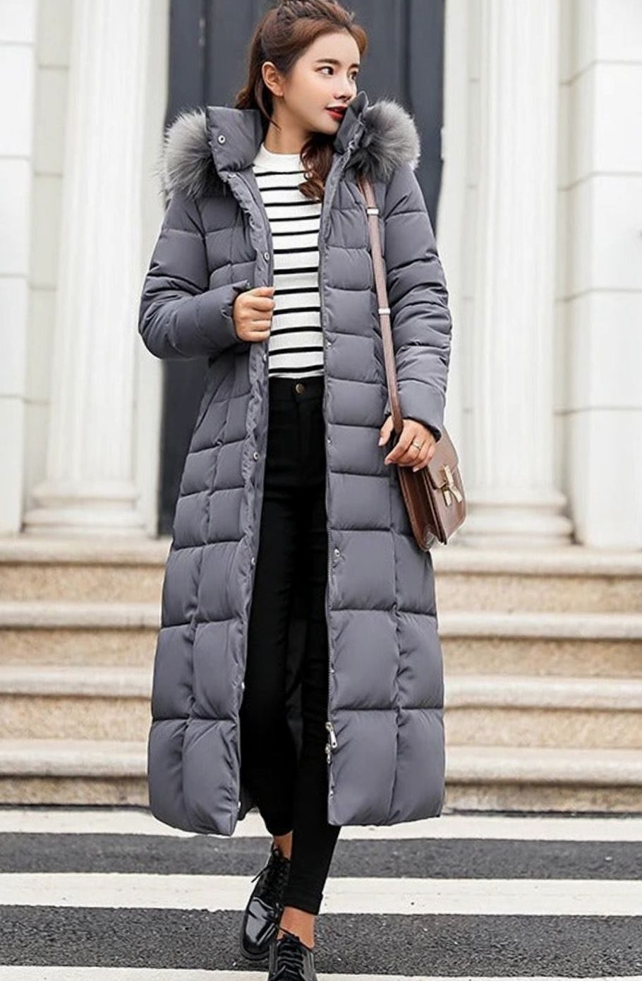 Women's Belted Long Quilted Hooded Puffer Coat Fur Trim - Dark Gray