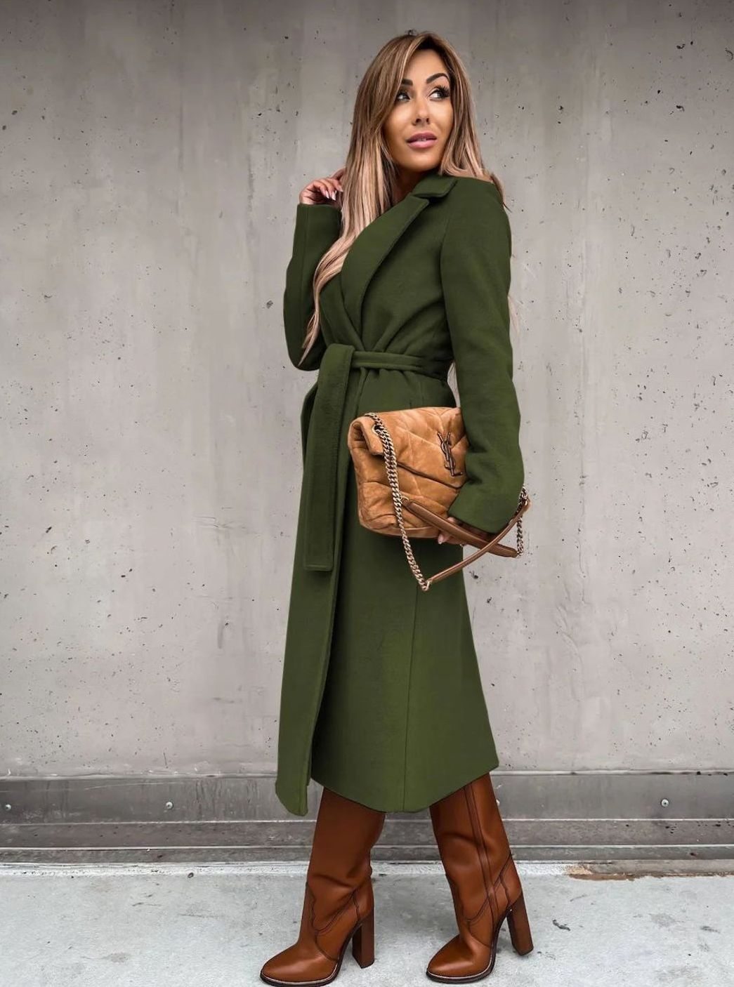 Women's Belted Wool Blend Wrap Winter Coat Shawl Collar Midi - Olive Green