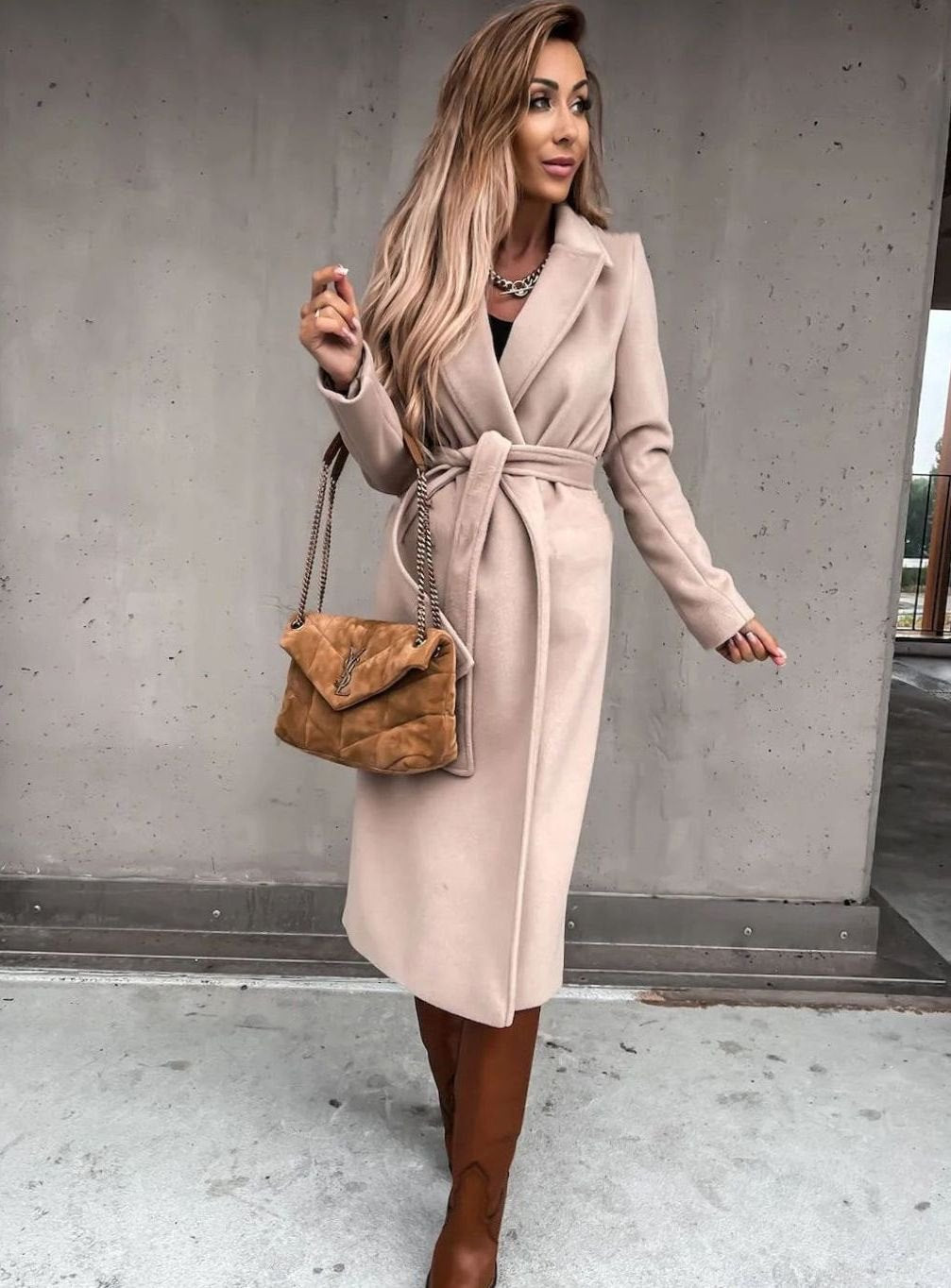 Women's Belted Wool Blend Wrap Winter Coat Shawl Collar Midi - Beige