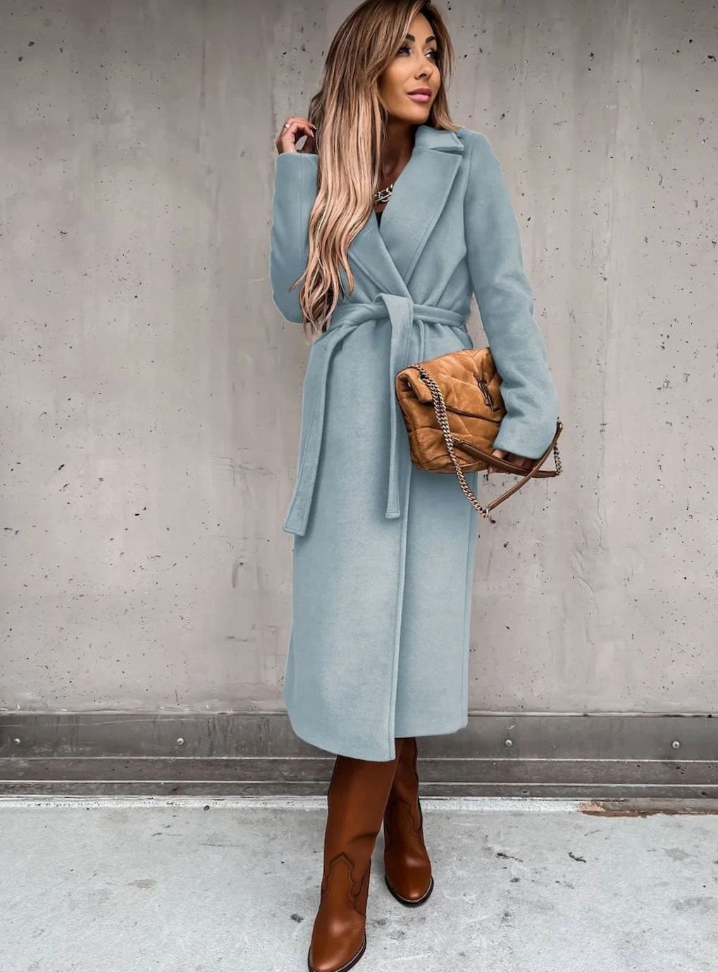 Women's Belted Wool Blend Wrap Winter Coat Shawl Collar Midi - Blue