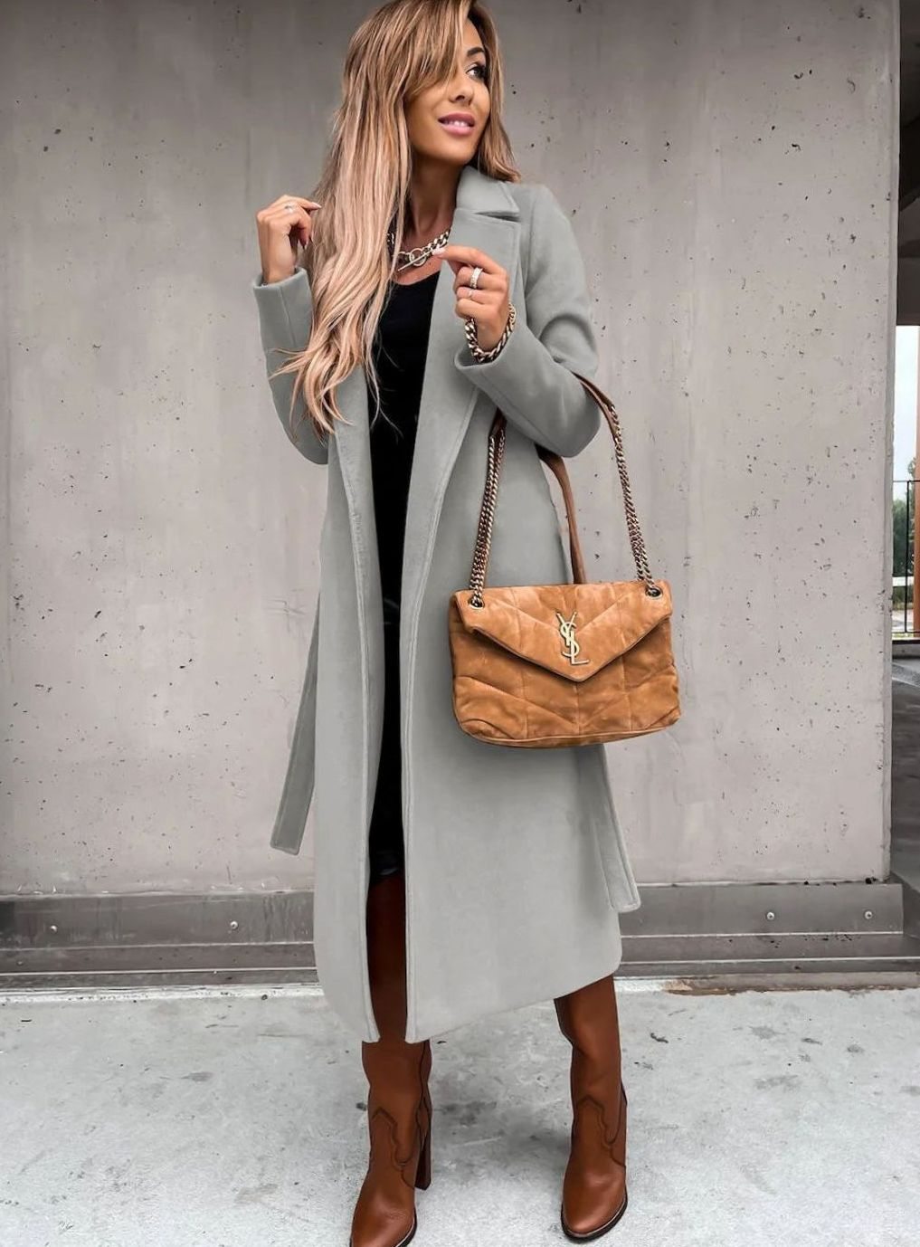 Women's Belted Wool Blend Wrap Winter Coat Shawl Collar Midi - Grey