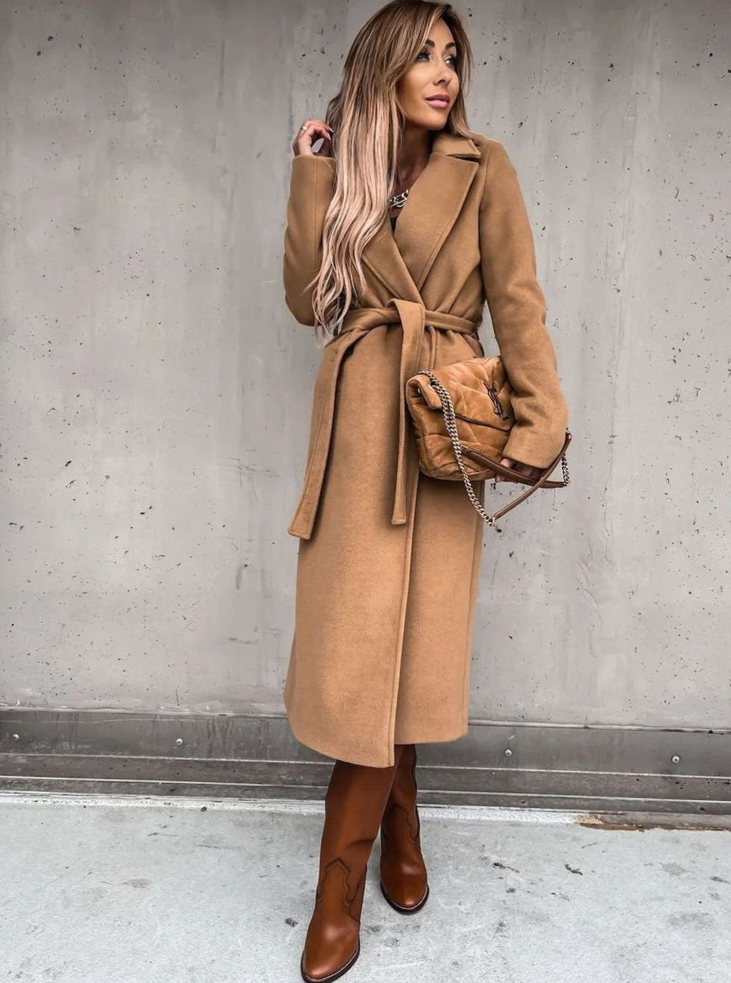 Women's Belted Wool Blend Wrap Winter Coat Shawl Collar Midi - Khaki