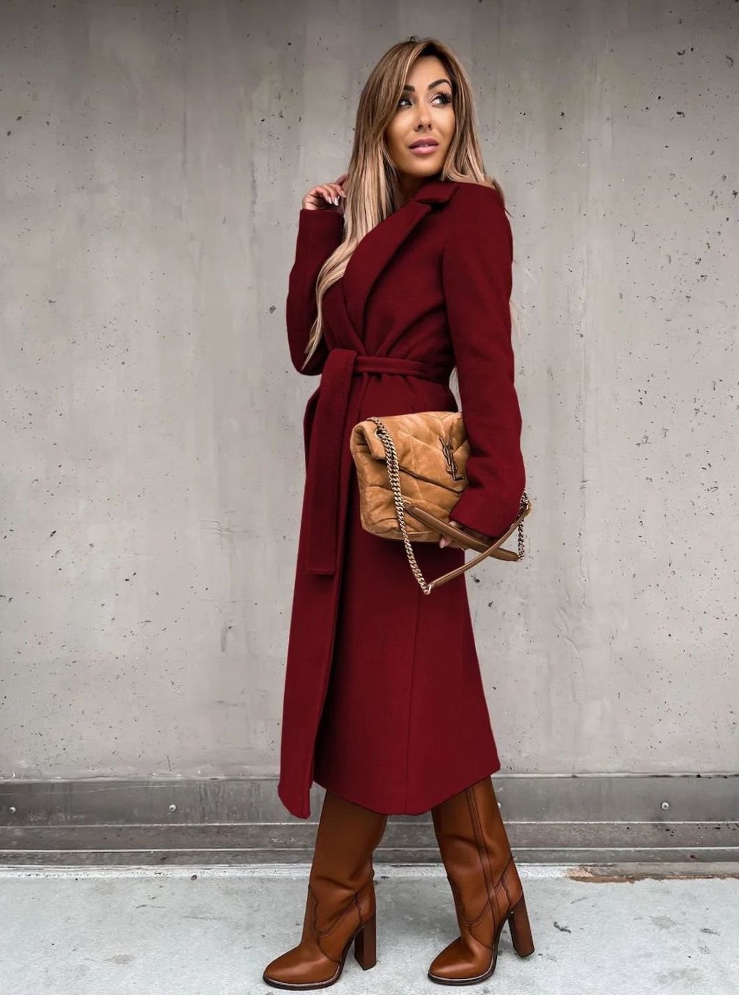 Women's Belted Wool Blend Wrap Winter Coat Shawl Collar Midi - Red