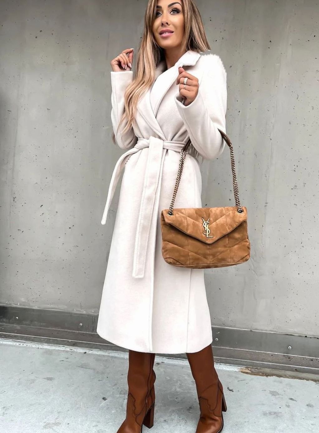 Women's Belted Wool Blend Wrap Winter Coat Shawl Collar Midi - White