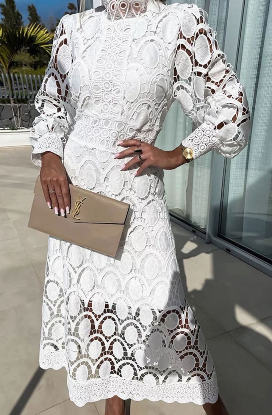 Women's Black Lace High-Neck Long-Sleeve Midi Christmas Party Dress - White