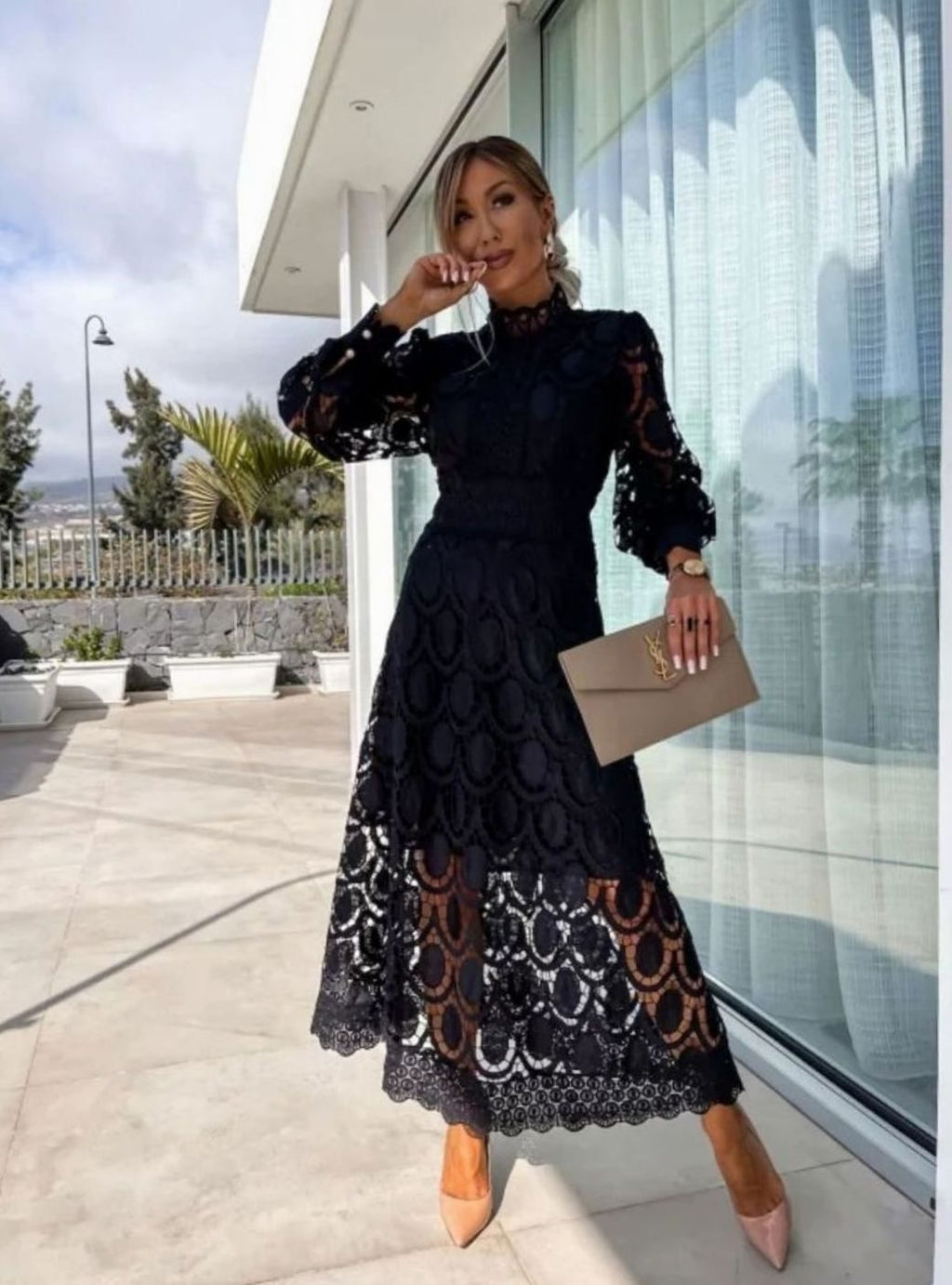 Women's Black Lace High-Neck Long-Sleeve Midi Christmas Party Dress