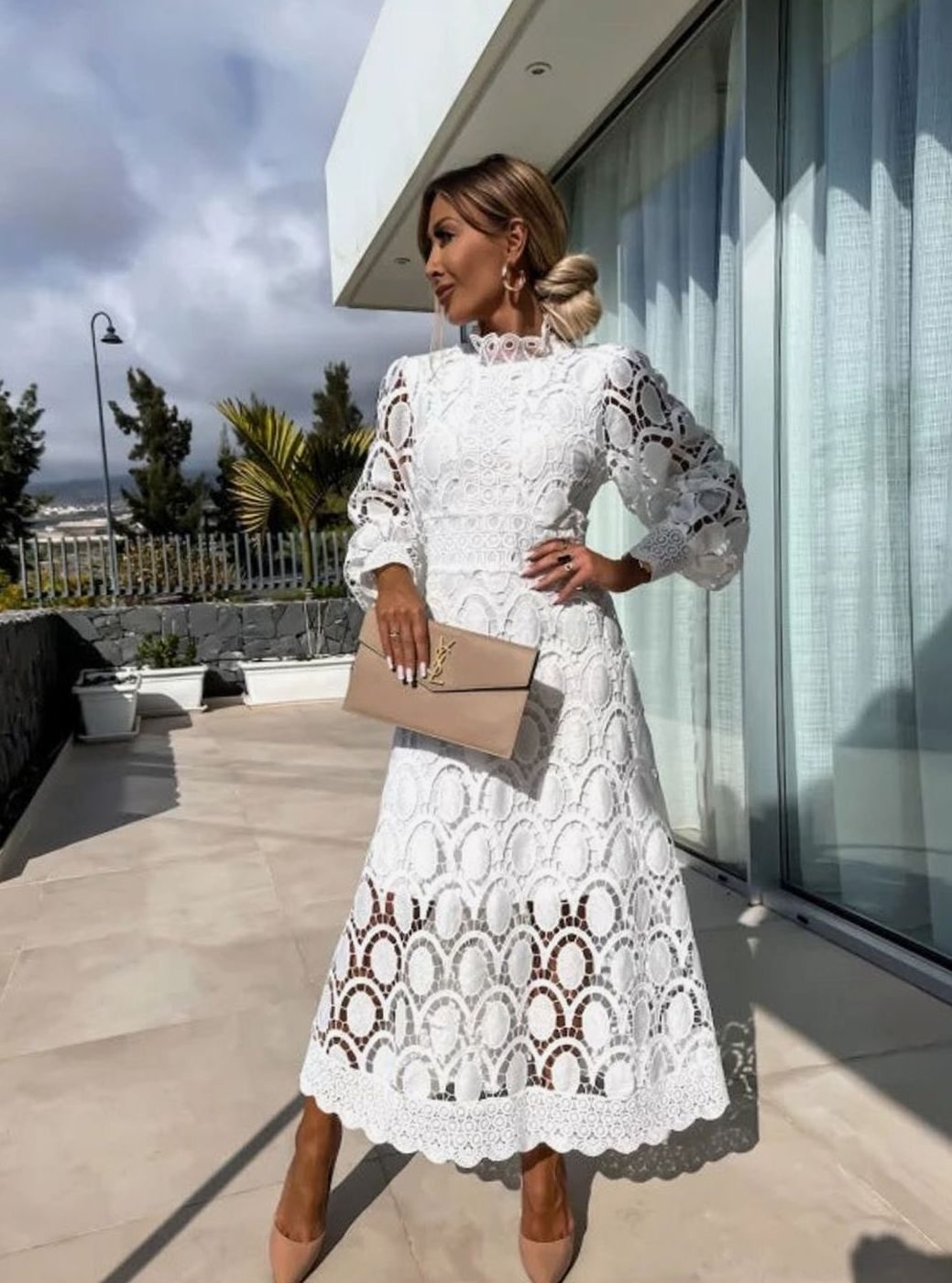 Women's Black Lace High-Neck Long-Sleeve Midi Christmas Party Dress