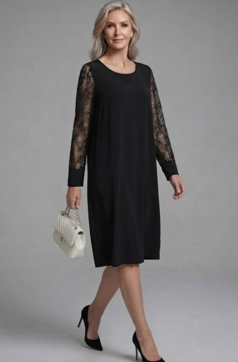 Women's Black Lace Sleeve Fitted Midi Cocktail Dress