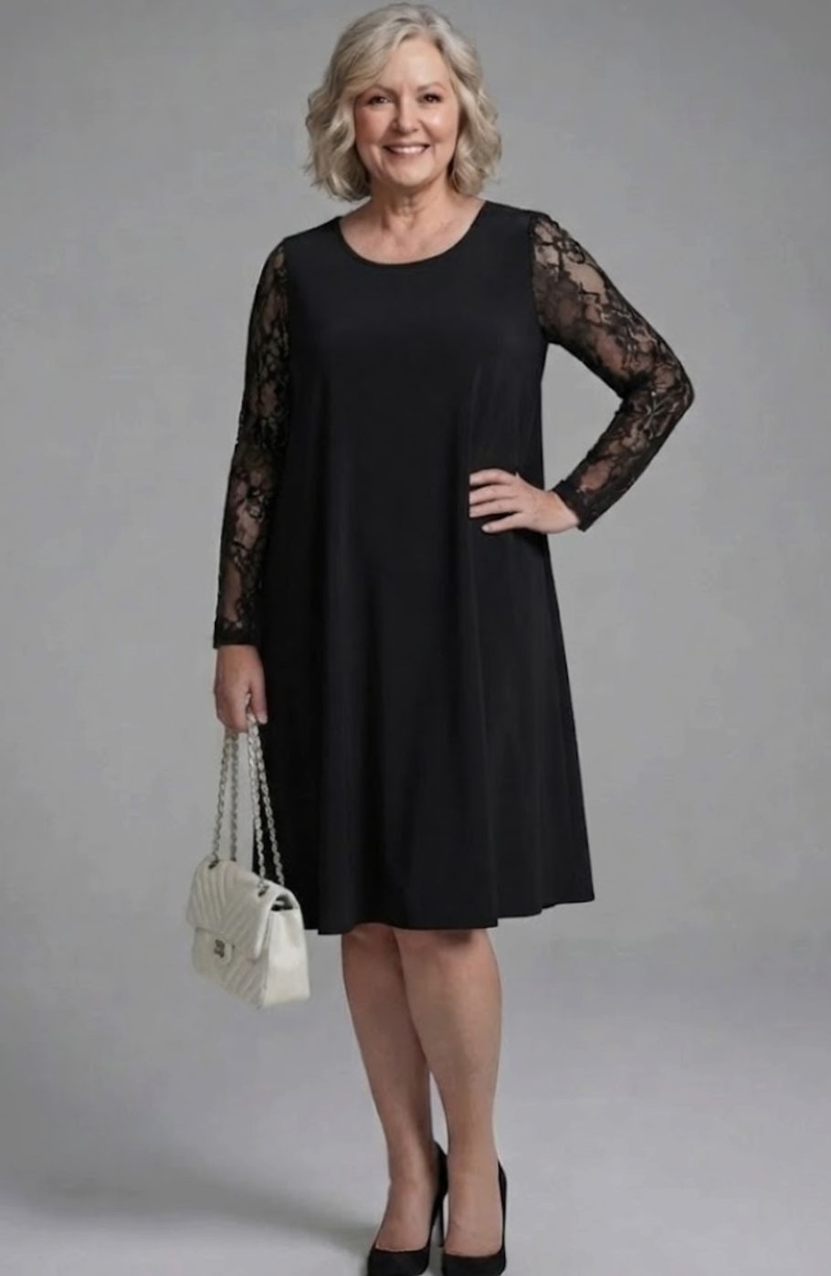 Women's Black Lace Sleeve Fitted Midi Cocktail Dress