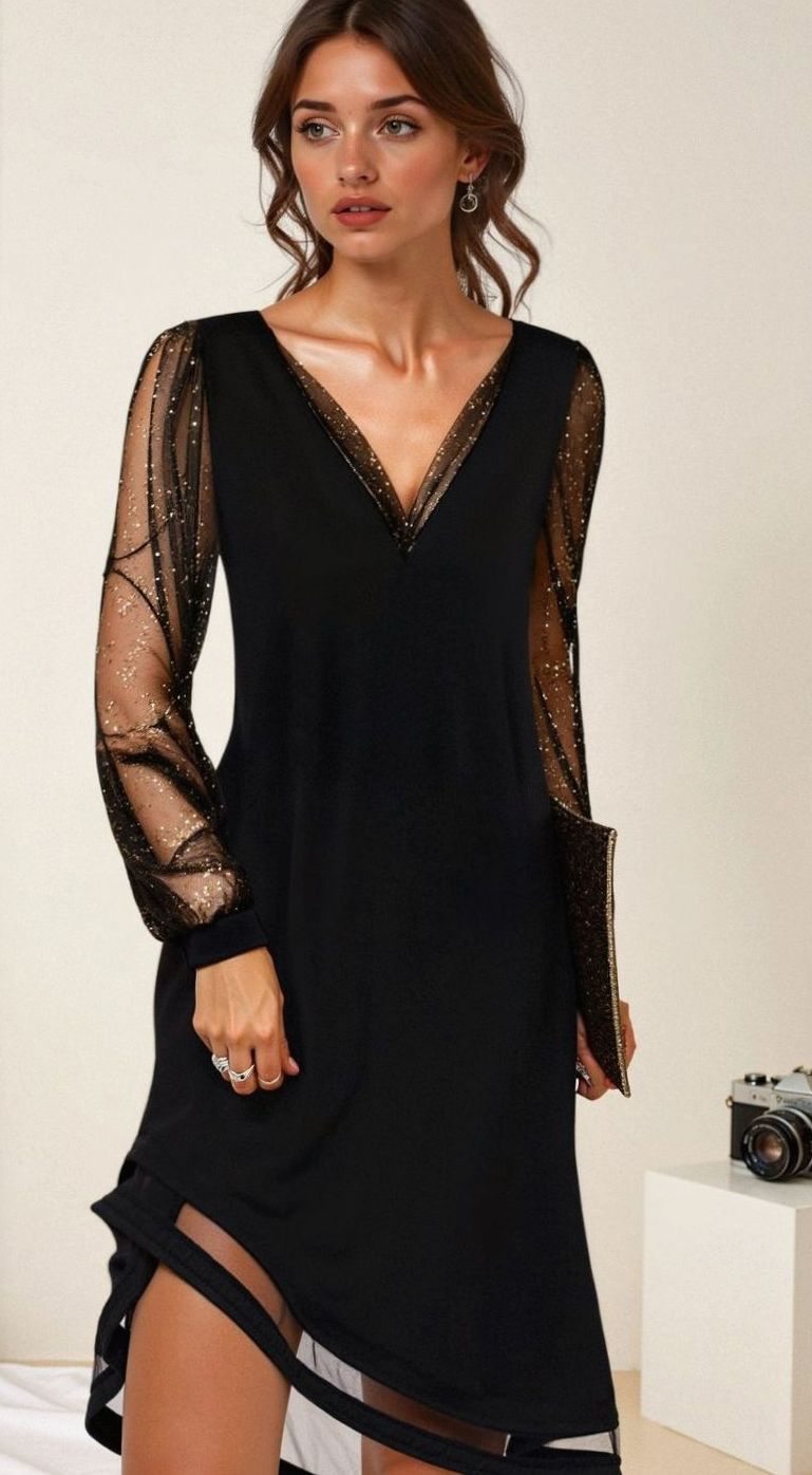 Women's Black Long-Sleeve Sheer Sequin V-Neck Christmas Party Dress - Black