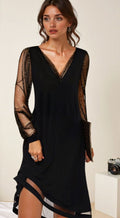 Women's Black Long-Sleeve Sheer Sequin V-Neck Christmas Party Dress - Black