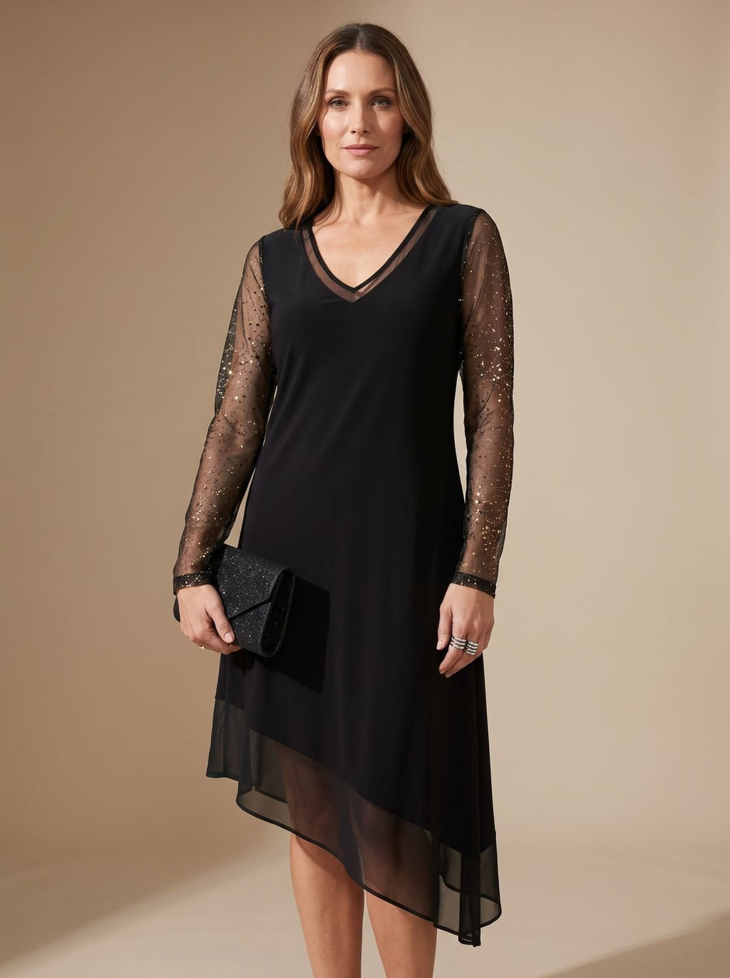 Women's Black Long-Sleeve Sheer Sequin V-Neck Christmas Party Dress