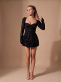 Women's Black Sequin Long-Sleeve Sweetheart Mini Christmas Party Dress - Black