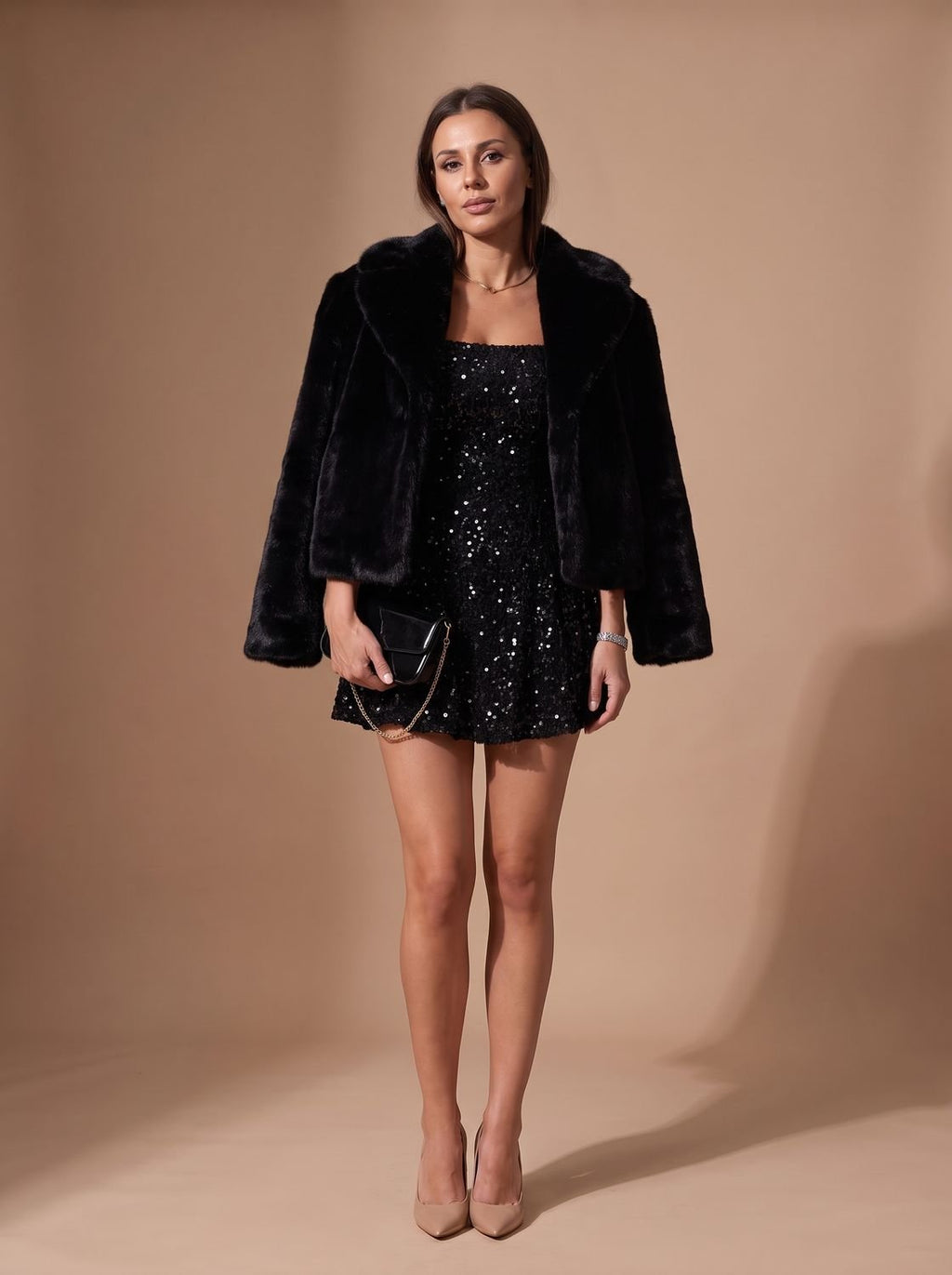 Women's Black Sequin Long-Sleeve Sweetheart Mini Christmas Party Dress
