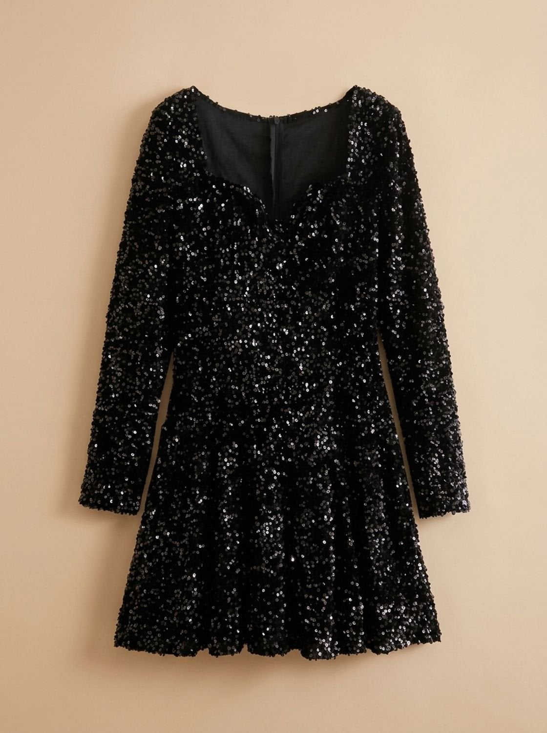 Women's Black Sequin Long-Sleeve Sweetheart Mini Christmas Party Dress