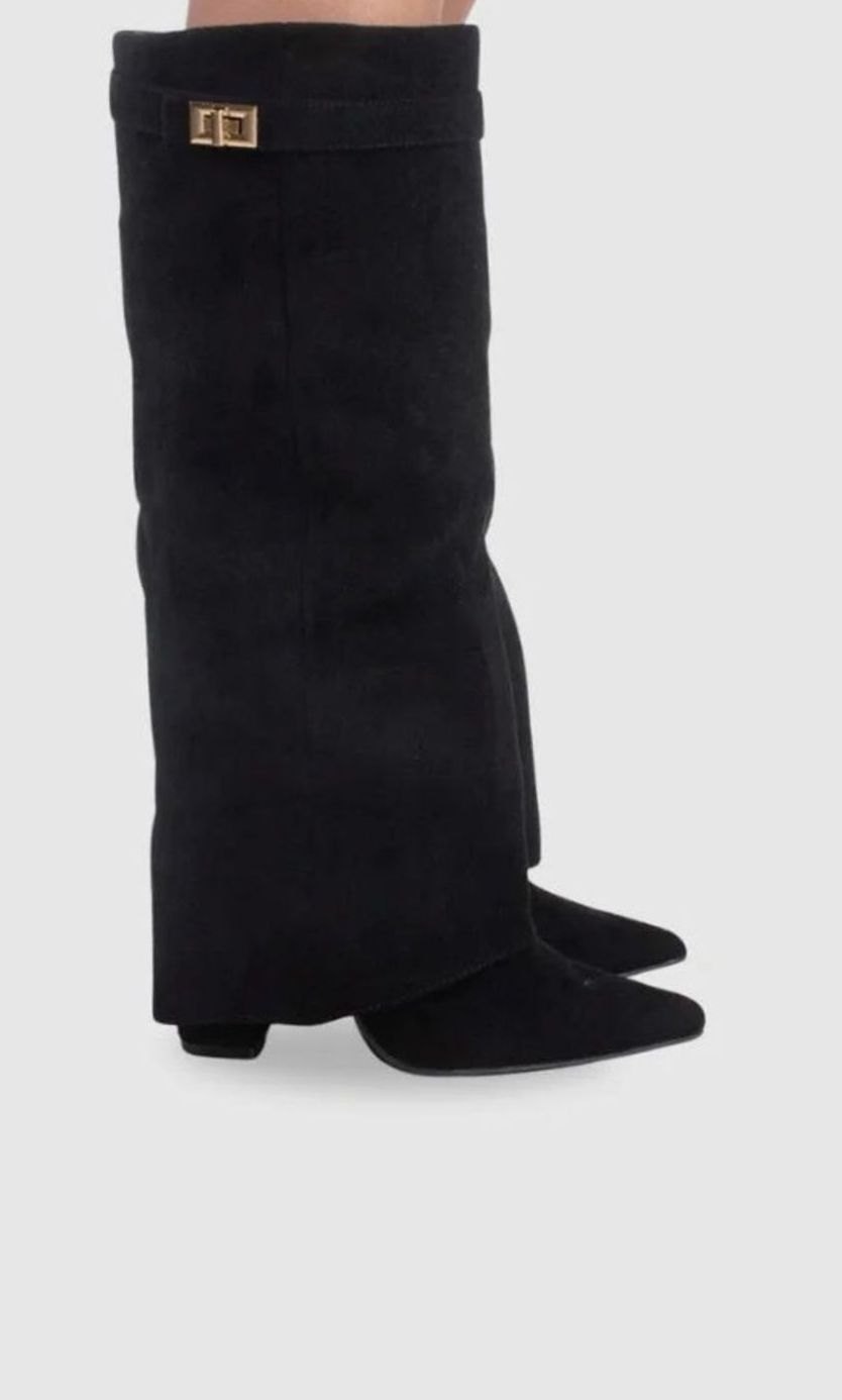 Women's Black Suede Knee-High Foldover Wedge Boots