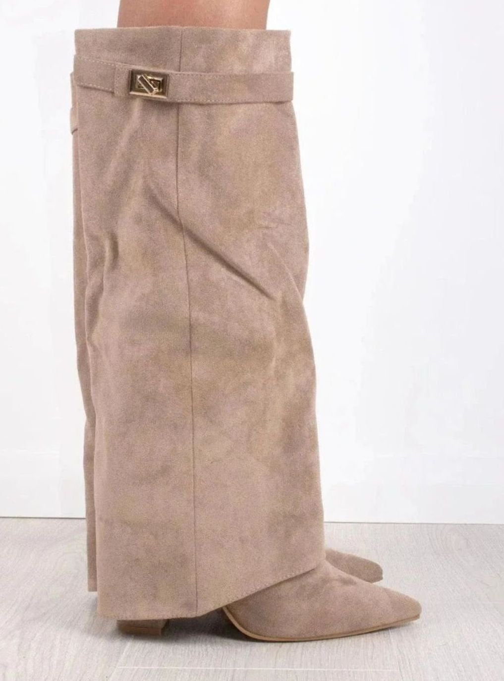 Women's Black Suede Knee-High Foldover Wedge Boots