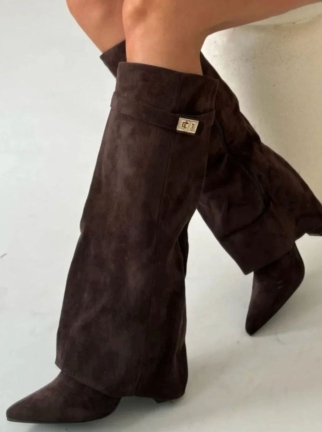 Women's Black Suede Knee-High Foldover Wedge Boots - Brown Suede