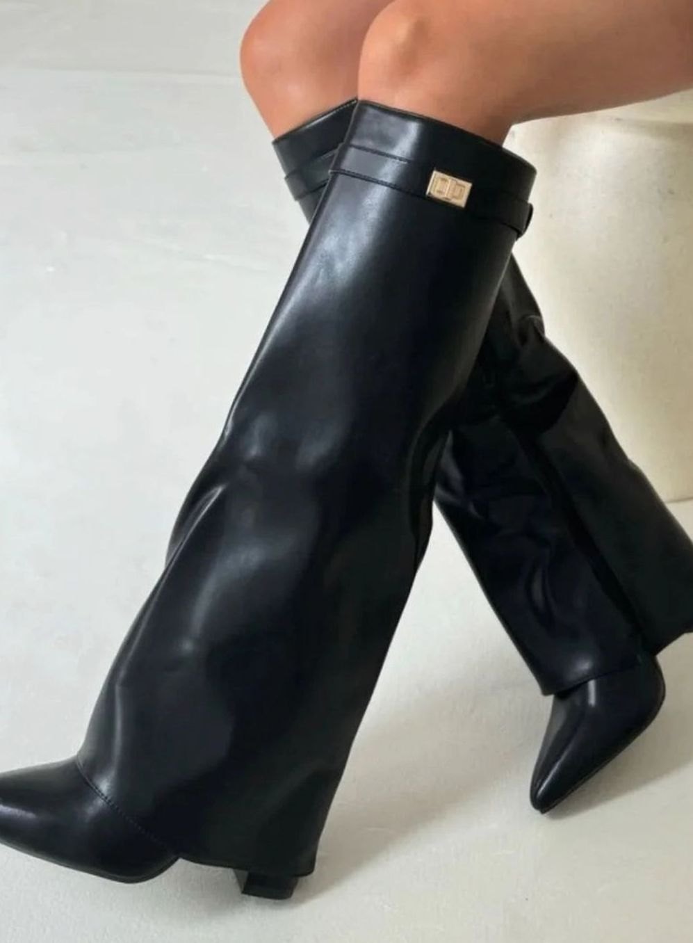 Women's Black Suede Knee-High Foldover Wedge Boots - Black Leather