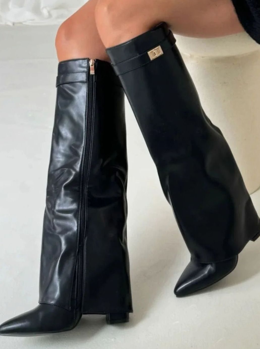 Women's Black Suede Knee-High Foldover Wedge Boots