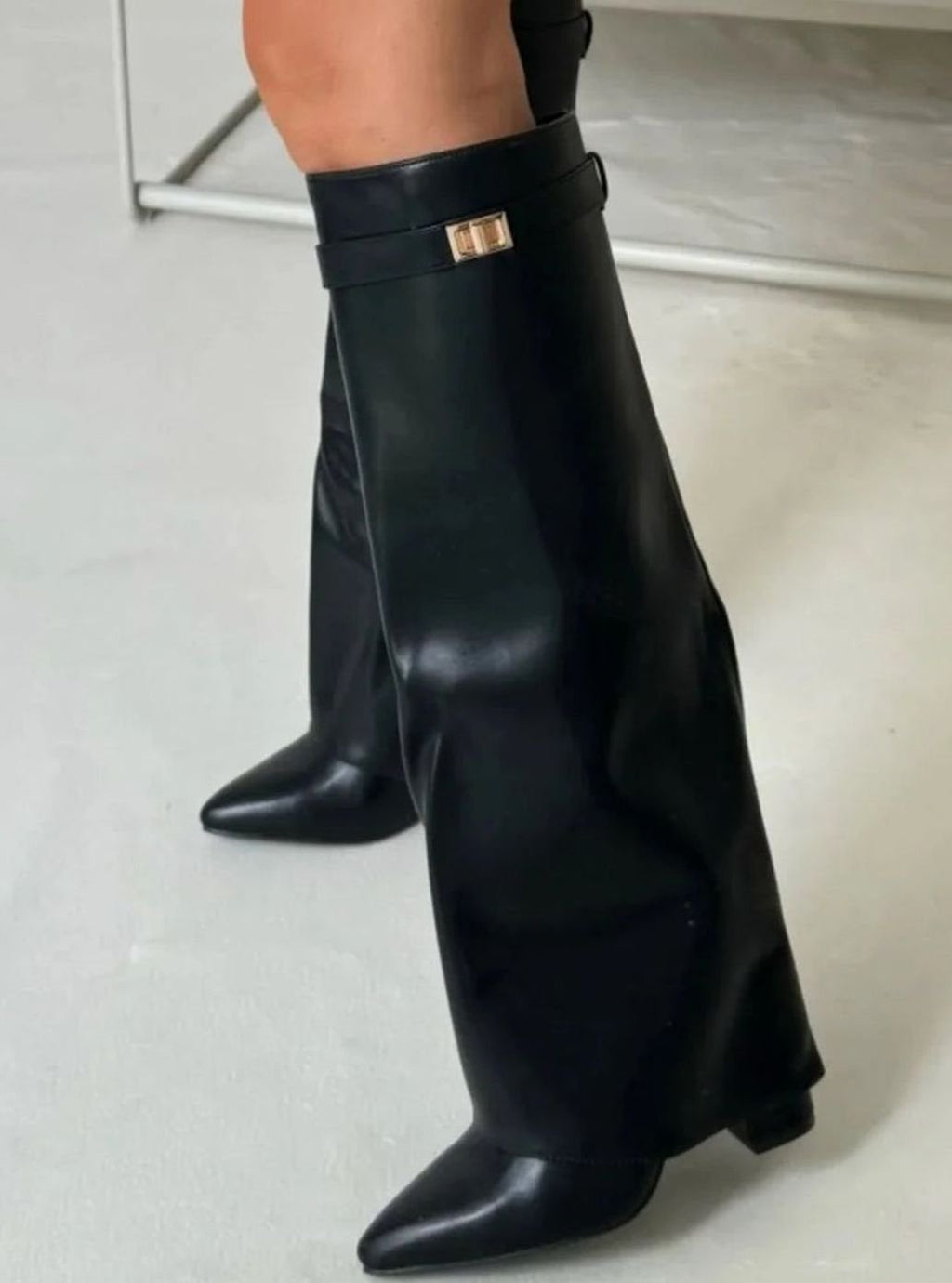 Women's Black Suede Knee-High Foldover Wedge Boots