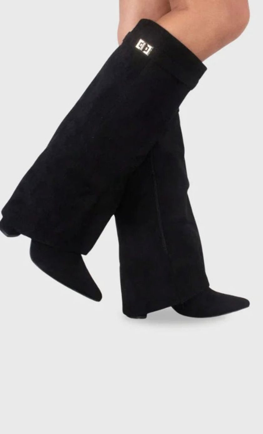 Women's Black Suede Knee-High Foldover Wedge Boots - Black Suede
