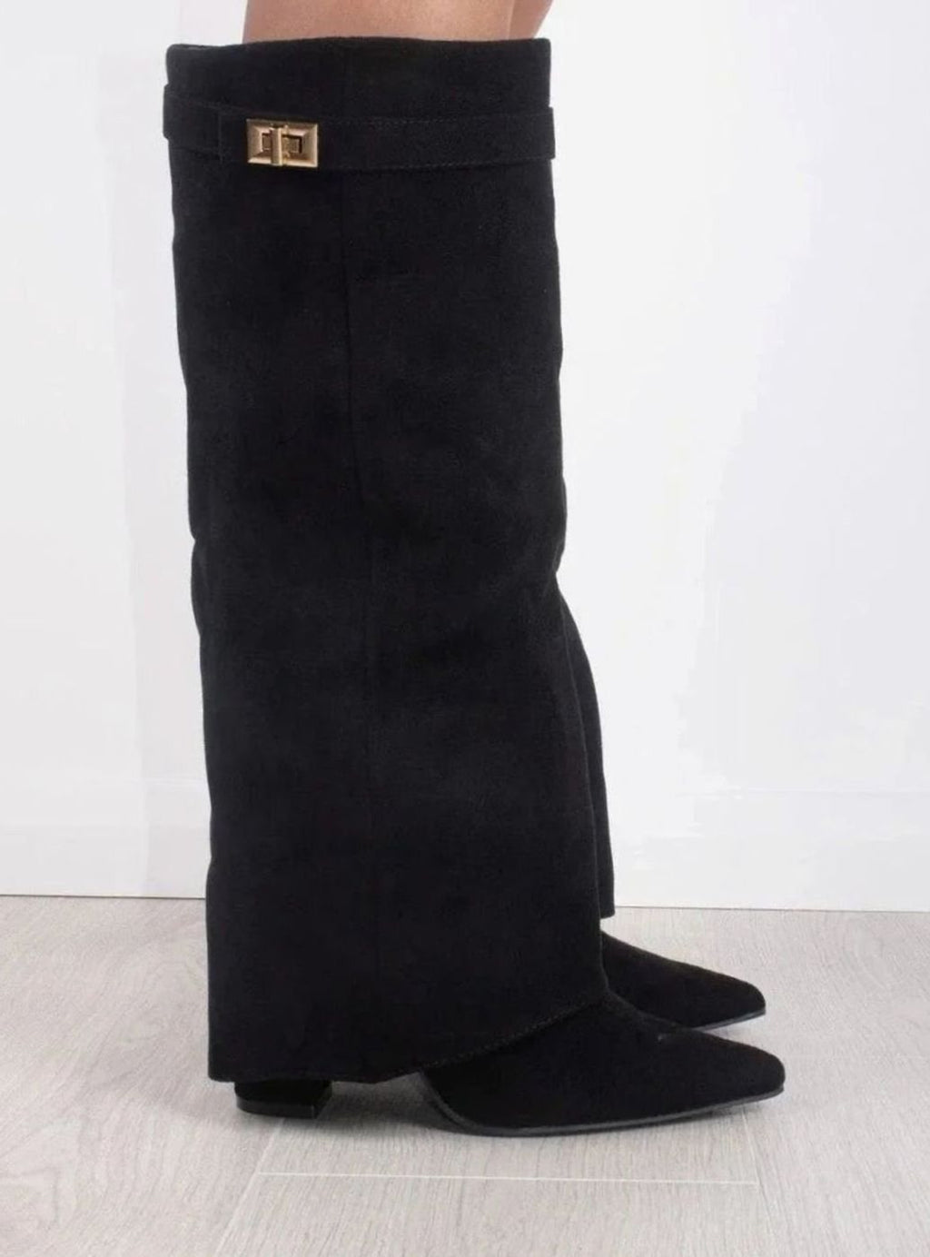 Women's Black Suede Knee-High Foldover Wedge Boots
