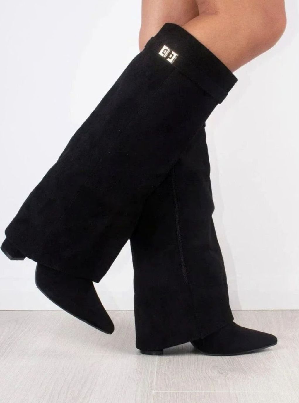 Women's Black Suede Knee-High Foldover Wedge Boots