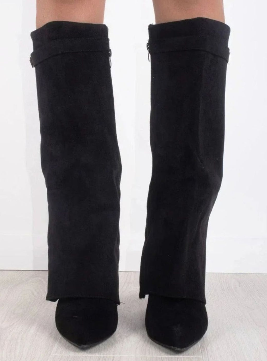 Women's Black Suede Knee-High Foldover Wedge Boots