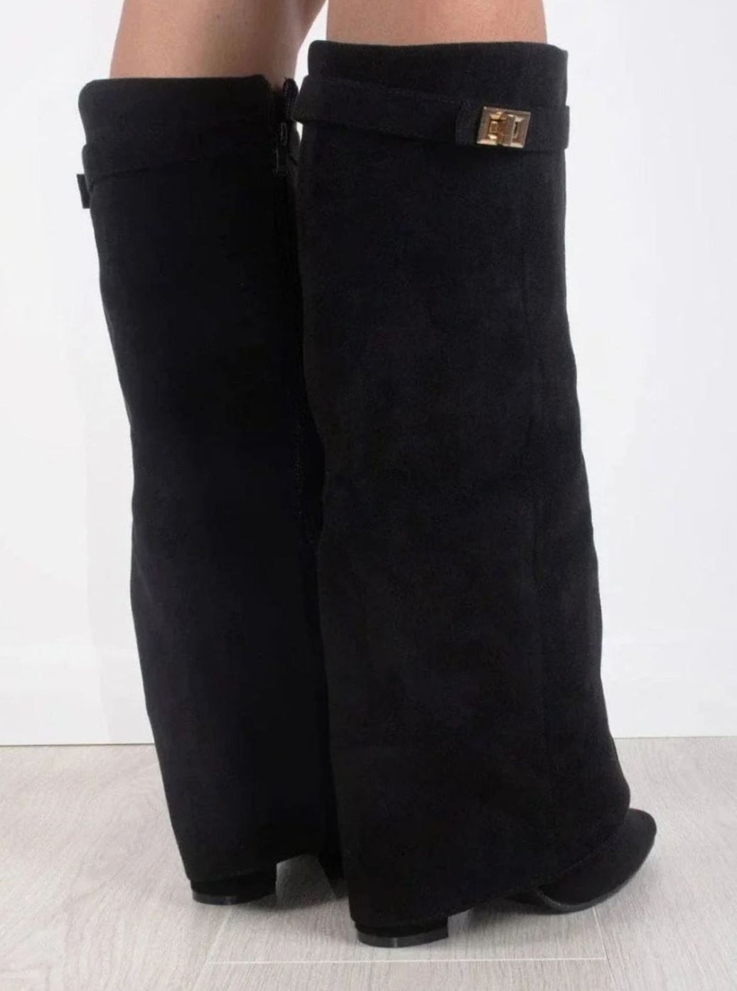 Women's Black Suede Knee-High Foldover Wedge Boots