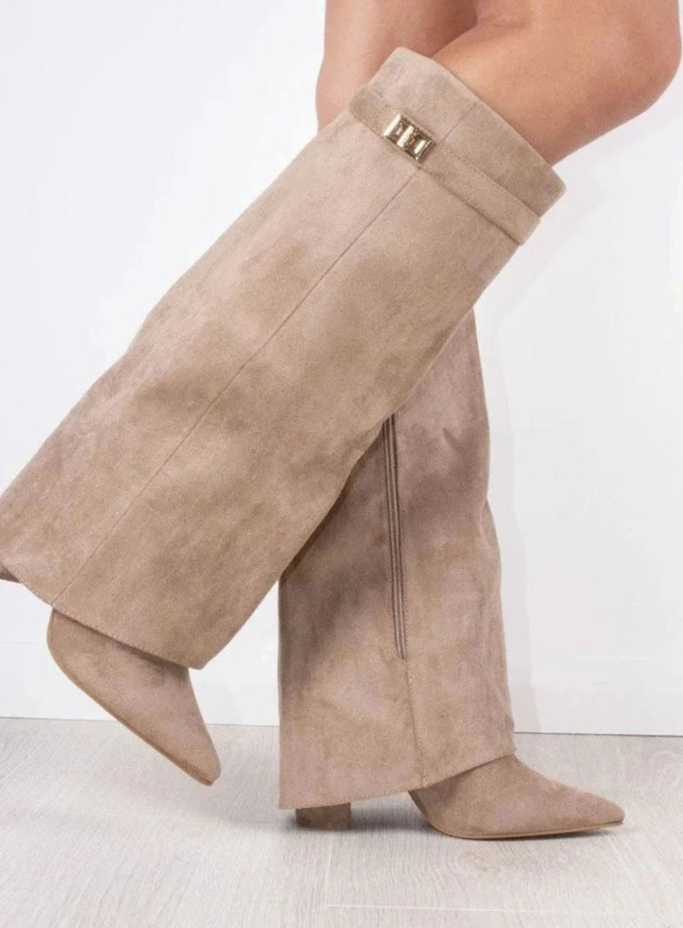 Women's Black Suede Knee-High Foldover Wedge Boots - Beige Suede