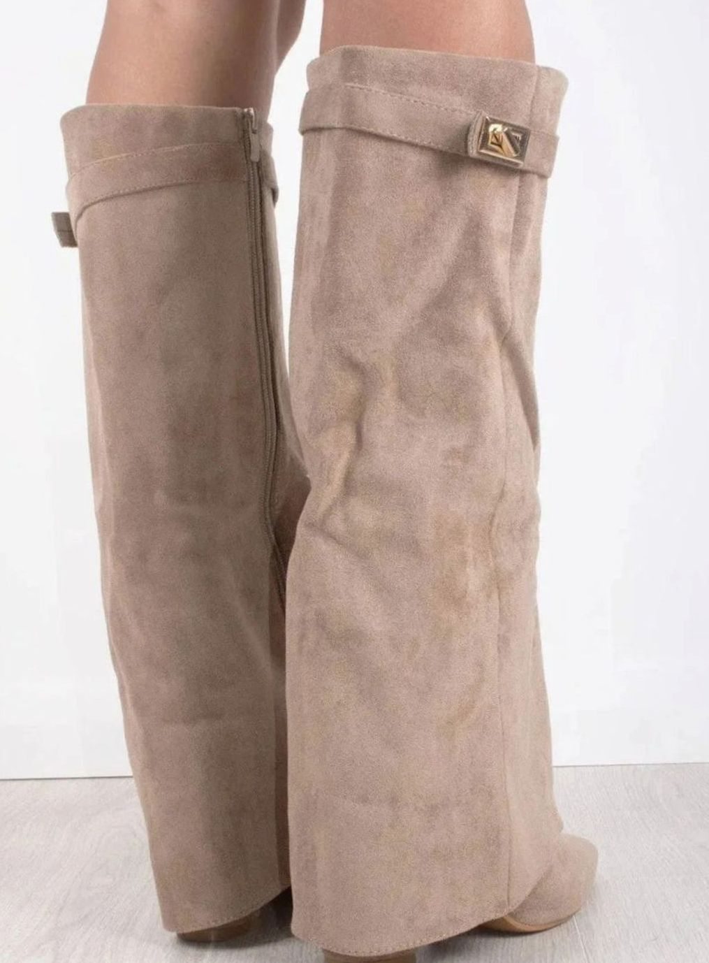 Women's Black Suede Knee-High Foldover Wedge Boots