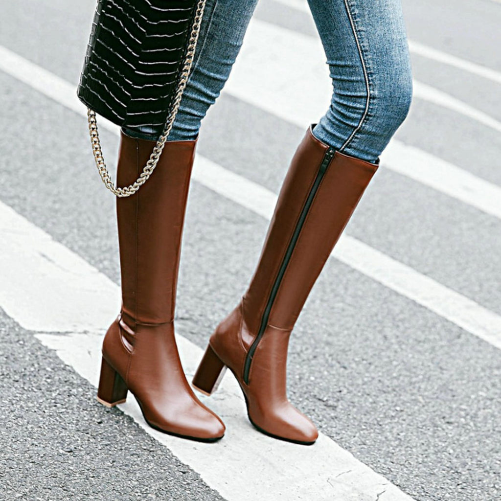 Women's Block-Heel Side-Zip Knee Boots - Brown