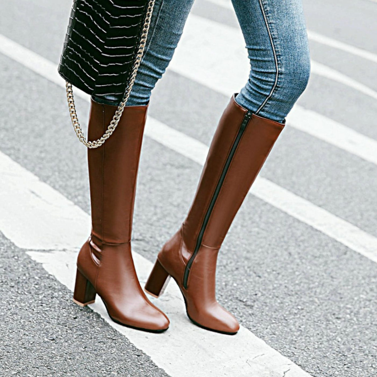 Women's Block-Heel Side-Zip Knee Boots - Brown