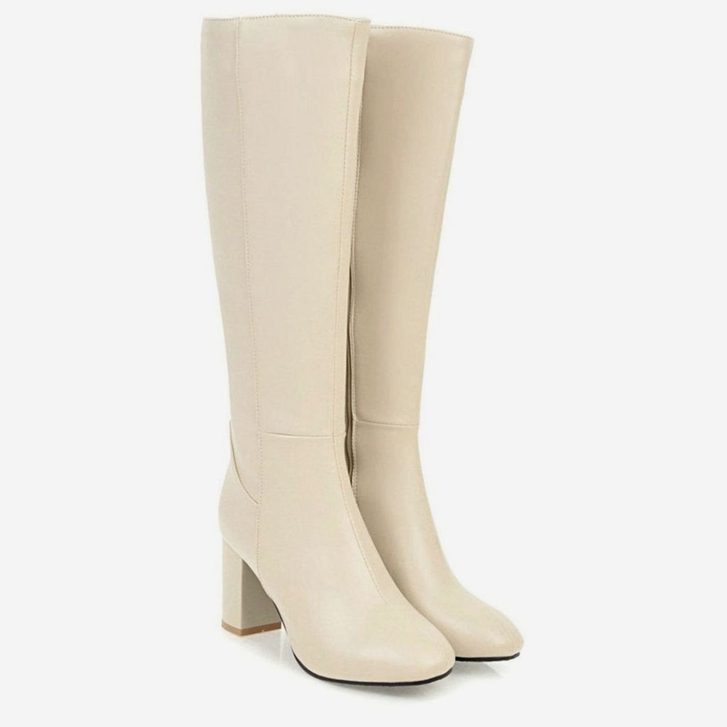 Women's Block-Heel Side-Zip Knee Boots - Beige