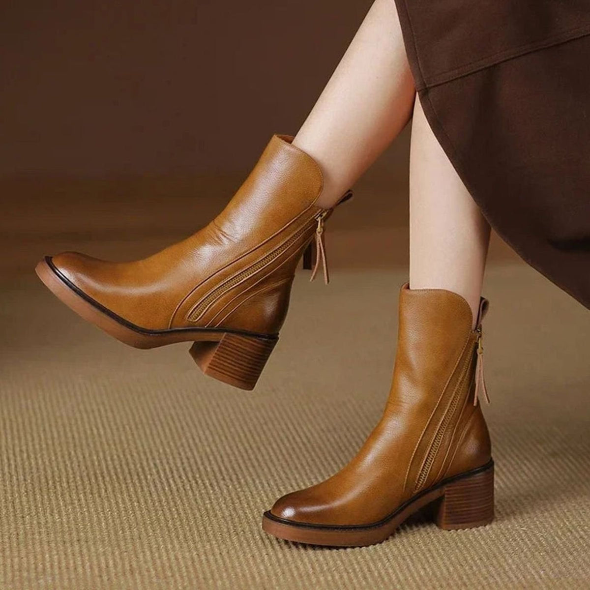 Women's Block-Heel Side-Zip Orthopedic Ankle Boots - Brown