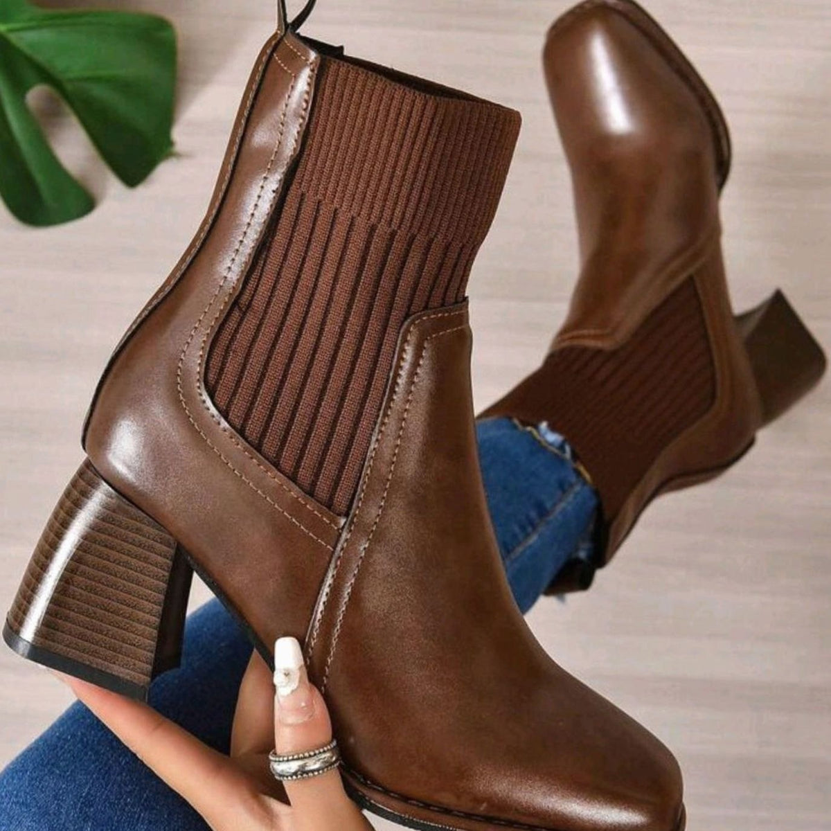 Women's Block Heel Slip-On Ankle Boots Knit Shaft