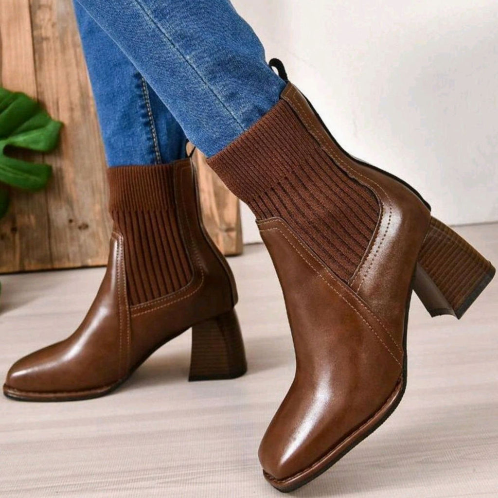 Women's Block Heel Slip-On Ankle Boots Knit Shaft