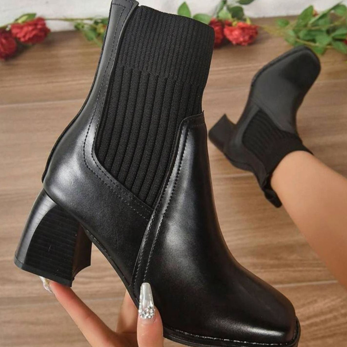 Women's Block Heel Slip-On Ankle Boots Knit Shaft