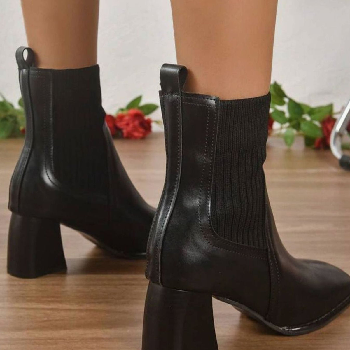 Women's Block Heel Slip-On Ankle Boots Knit Shaft