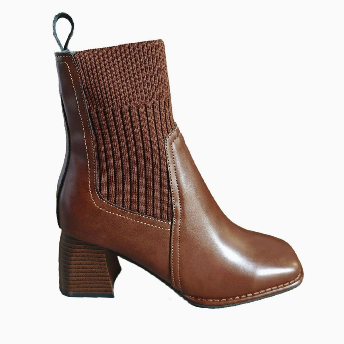 Women's Block Heel Slip-On Ankle Boots Knit Shaft
