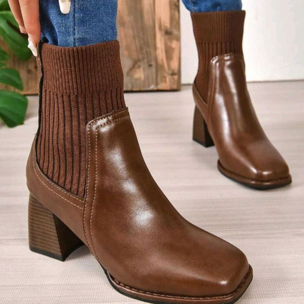 Women's Block Heel Slip-On Ankle Boots Knit Shaft