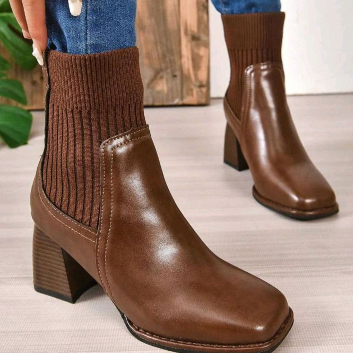 Women's Block Heel Slip-On Ankle Boots Knit Shaft