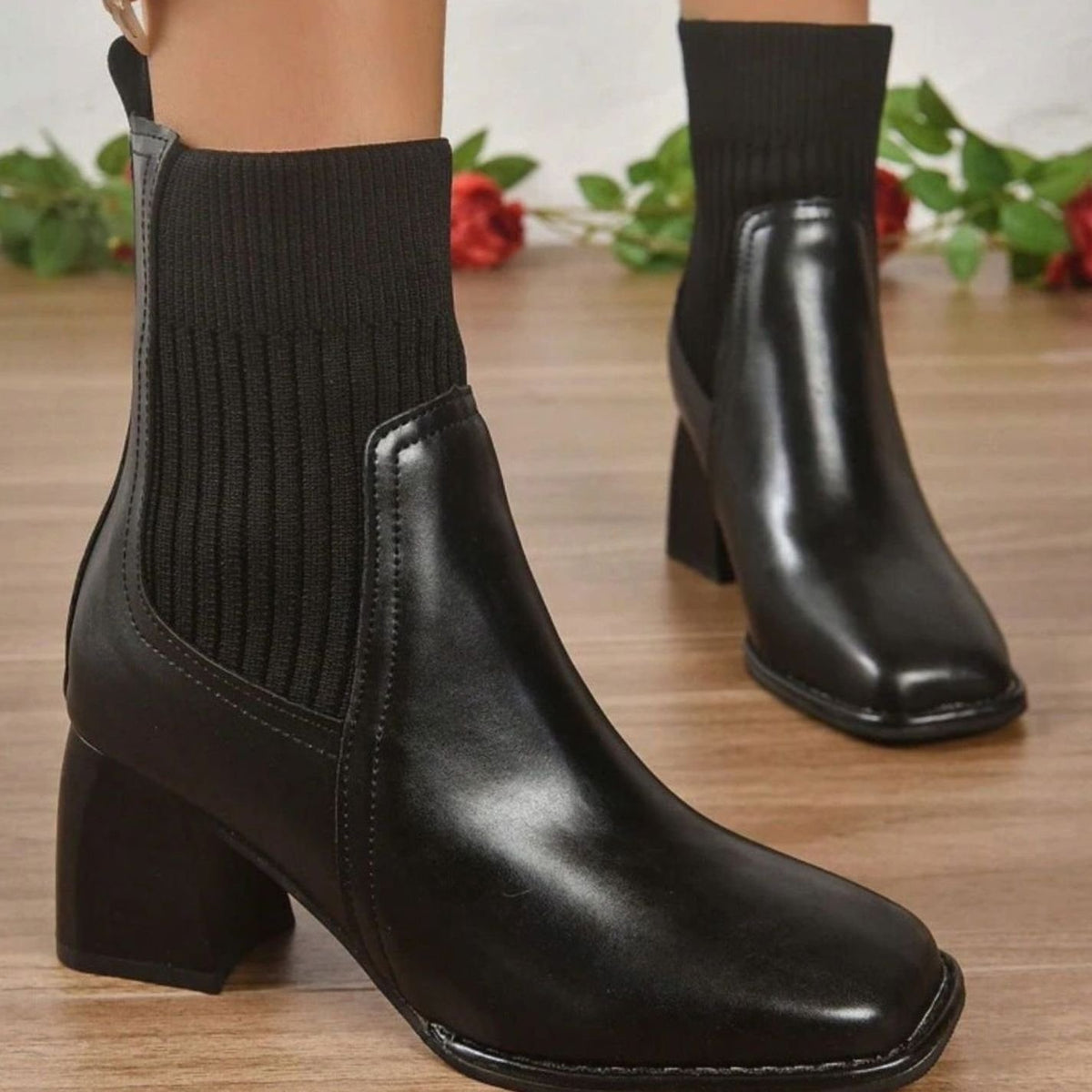 Women's Block Heel Slip-On Ankle Boots Knit Shaft - Black