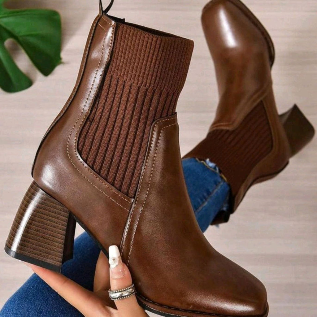 Women's Block Heel Slip-On Ankle Boots Knit Shaft - Brown