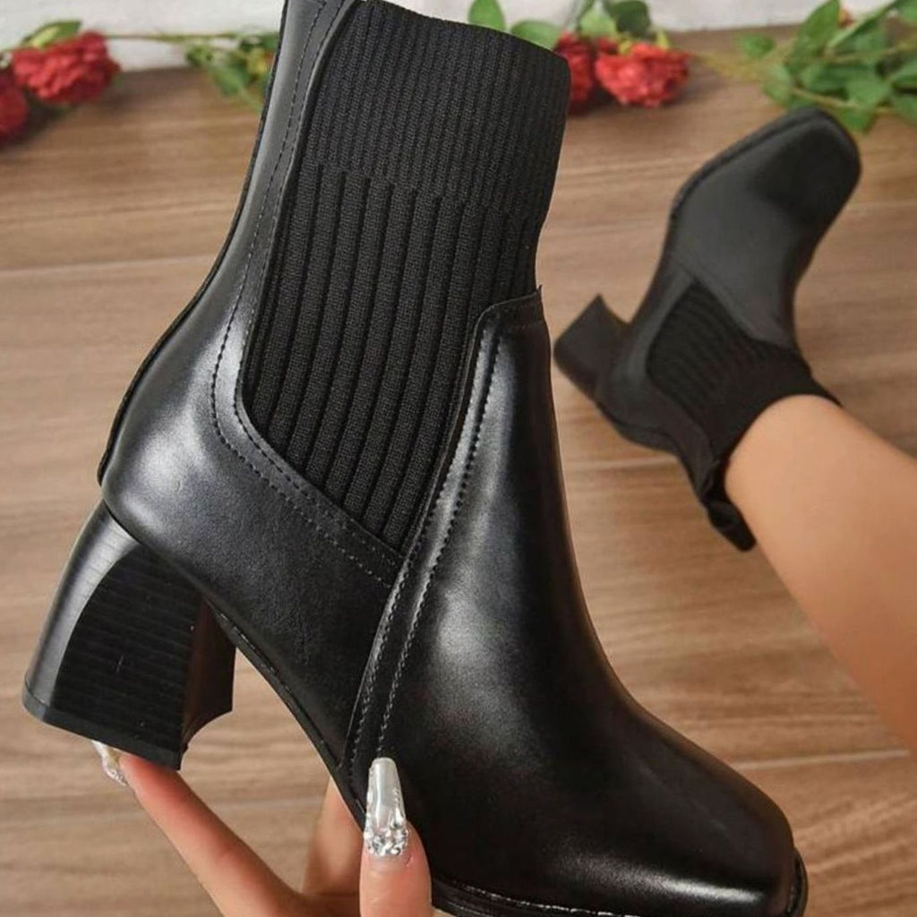 Women's Block Heel Slip-On Ankle Boots Knit Shaft