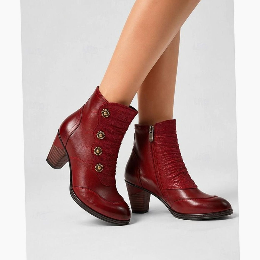 Women's Block-Heeled Booties Floral-Button Ruched Ankle Boots